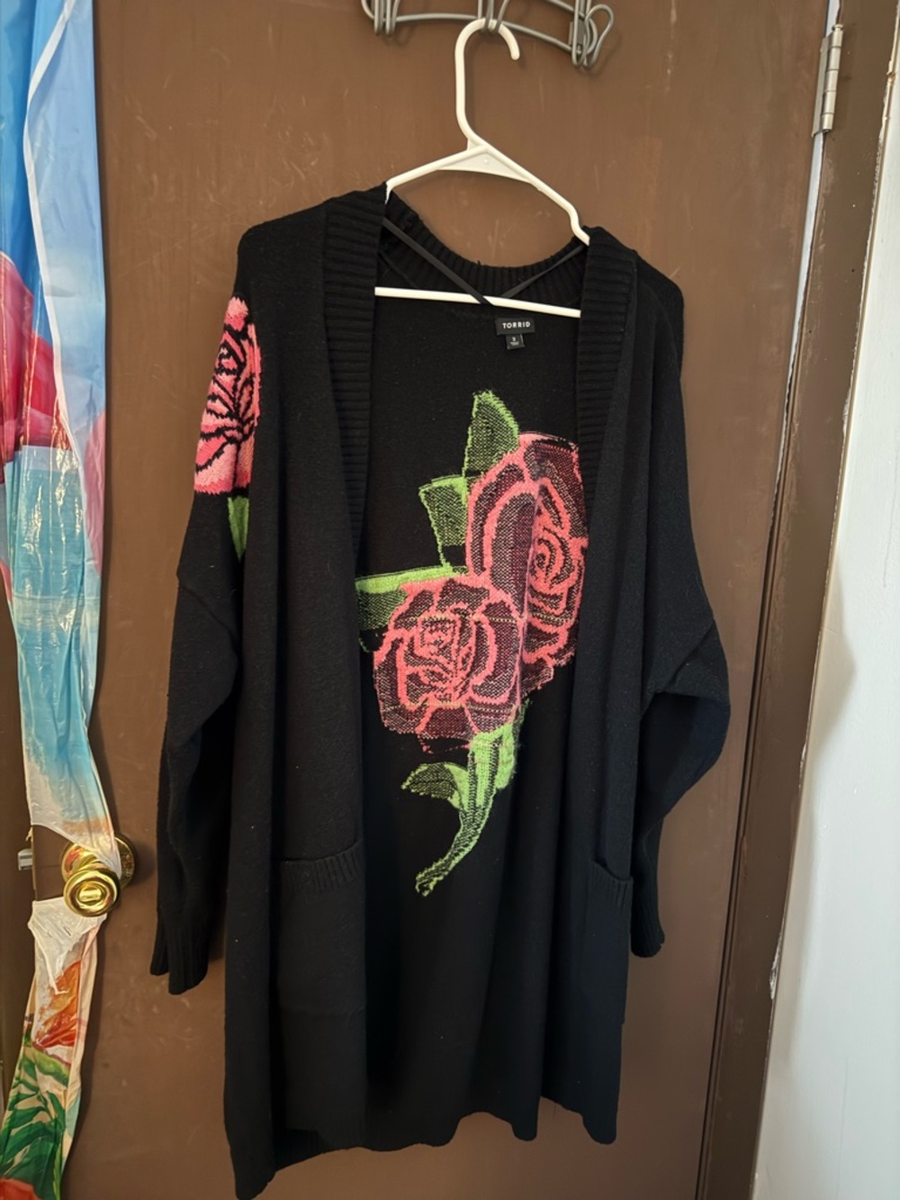 torrid Black Open-Front Cardigan with Pink Rose Intarsia